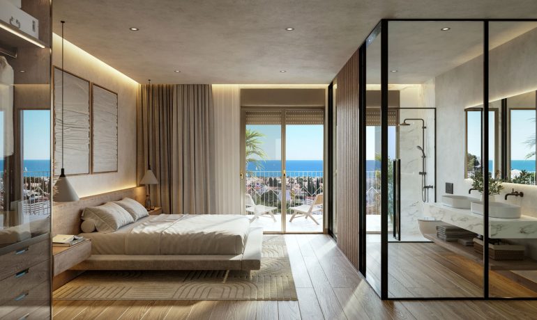 Dormitorio con diseño mediterráneo, luz natural y ambiente elegante